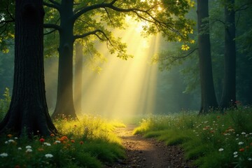 Obraz premium Sunlit Path Through a Mystical Forest with Vibrant Wildflowers and Towering Trees