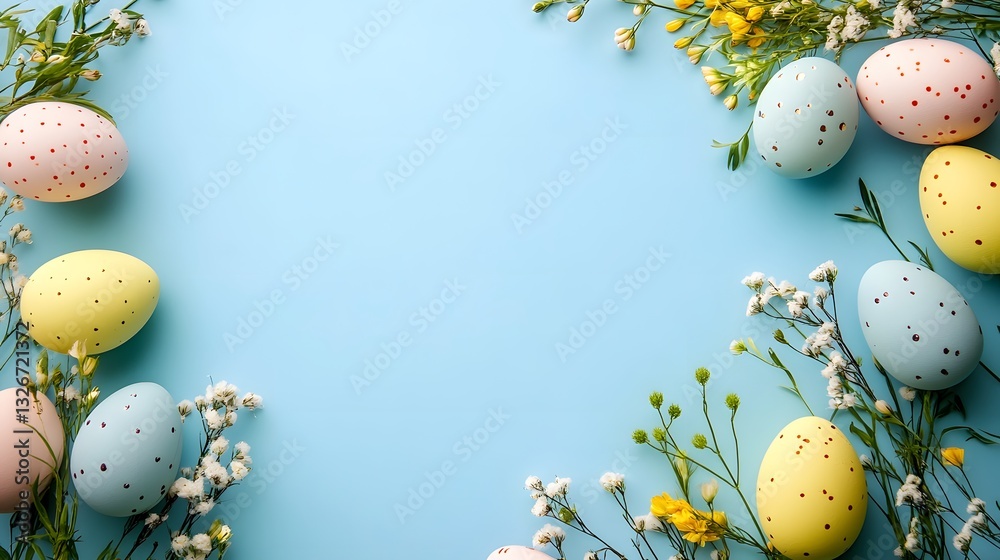 Poster colorful easter eggs and spring flowers creating a frame on light blue background