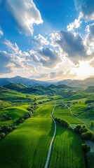 Obraz premium Sustainable agriculture practices lush green fields aerial photography eco-friendly environment wide angle viewpoint diverse crop showcase