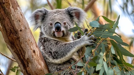 Obraz premium A gentle koala munching on eucalyptus seeds in a tall tree