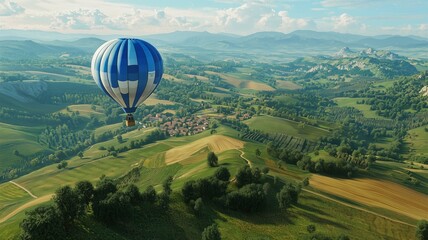 Obraz premium Photorealistic image of a person enjoying a hot air balloon ride over a green countryside with hills and fields below 