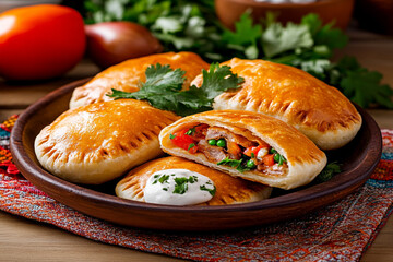 a plate of traditional russian piroshki, one cut in half to reveal the meat filling inside