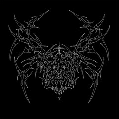 Intricate neo tribal vector design forming a demonic face with sharp, spiky structures. Perfect for metal band logos and streetwear t-shirt print apparel
