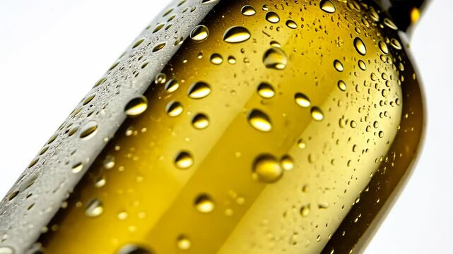 Closeup shot of beer bottle with refreshing water droplets highlighting glass texture