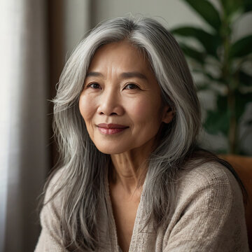 close-up portrait of a charming middle-aged Asian woman in her 50s with long silver hair
