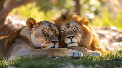 Naklejka premium Two lions, male and female, rest closely together with their heads touching, eyes closed, and expressions of peace and affection. Sunlight filters through trees, casting warm glow on their fur