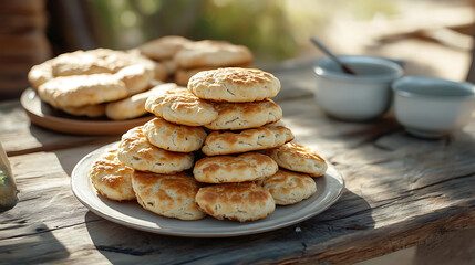 Golden, freshly baked biscuits stacked on rustic plate, set on weathered wooden table outdoors with warm, inviting atmosphere. second plate of biscuits and tea cups are in background