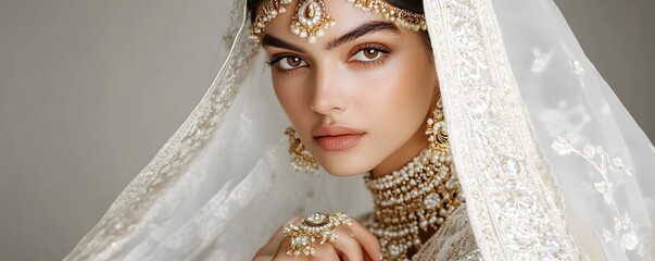 Beautiful bride wearing traditional indian wedding dress and jewelry posing for bridal portrait