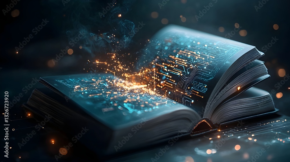 Poster futuristic circuit board with neon lit data streams flowing across the open pages of a book depictin
