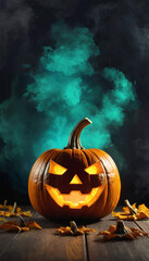 halloween pumpkin on a green smoke background