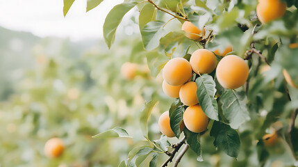 Ripe apricots hanging from tree branch with lush green leaves in sunlit orchard, creating fresh and natural summer atmosphere
