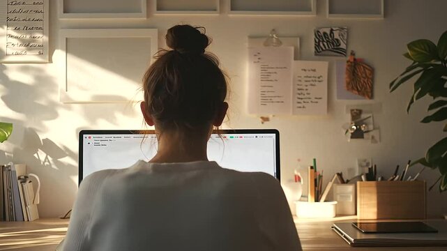Woman in a cluttered home office staring blankly at laptop