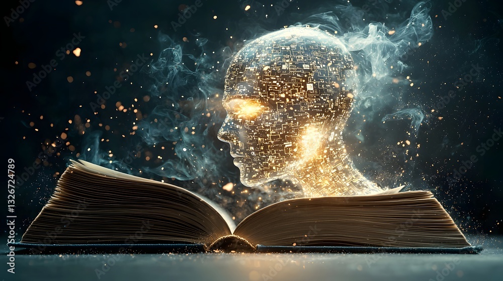 Poster humanoid robot emerging from streams of data and code in an open book symbolizing the creation and t