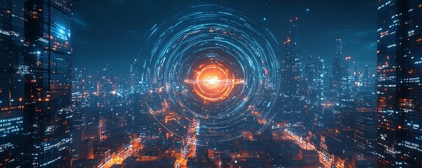 A smart surveillance AI drone scanning a futuristic city, monitoring activity