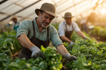 famer tends vegetables in a modern greenhouse