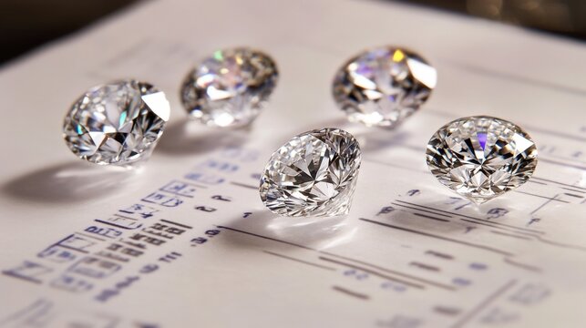 A set of diamonds on a grading report, displaying their cut, clarity, and carat weight