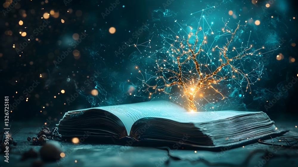 Poster glowing digital matrix unfolds from the pages of an open book revealing a complex network of interco
