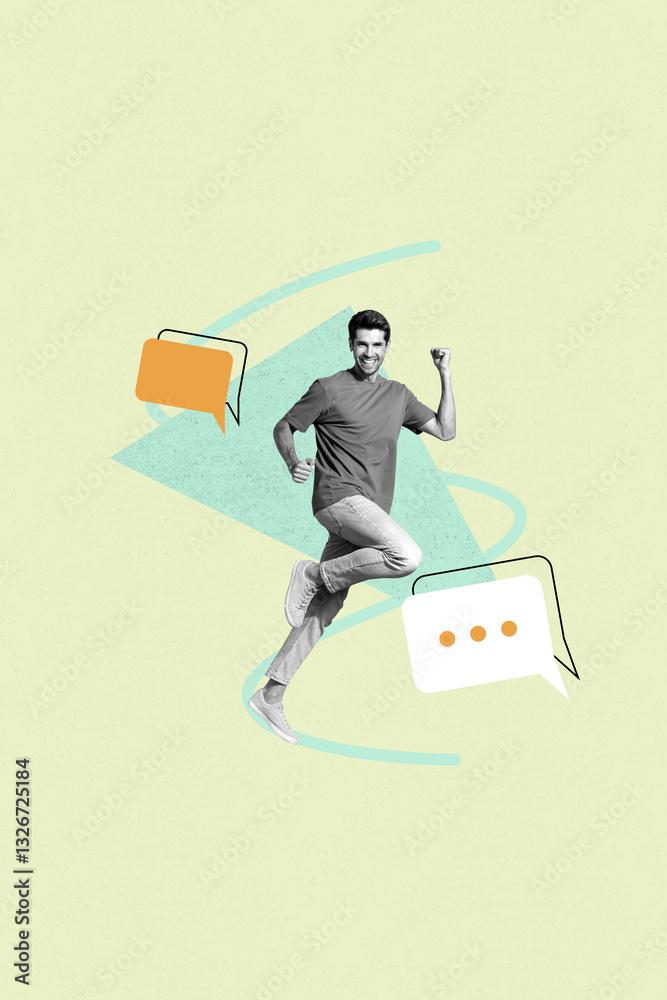 Poster exclusive image vertical photo collage of happy guy stand chatterbox communication speech colorful b
