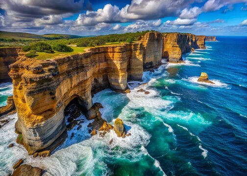 Dramatic Aerial View: Sun-Drenched Rocky Cliffs Plunging into Ocean