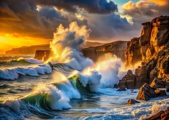 Fototapeta premium Dramatic Atlantic Ocean Waves Crashing on Portuguese Coastline Rocks