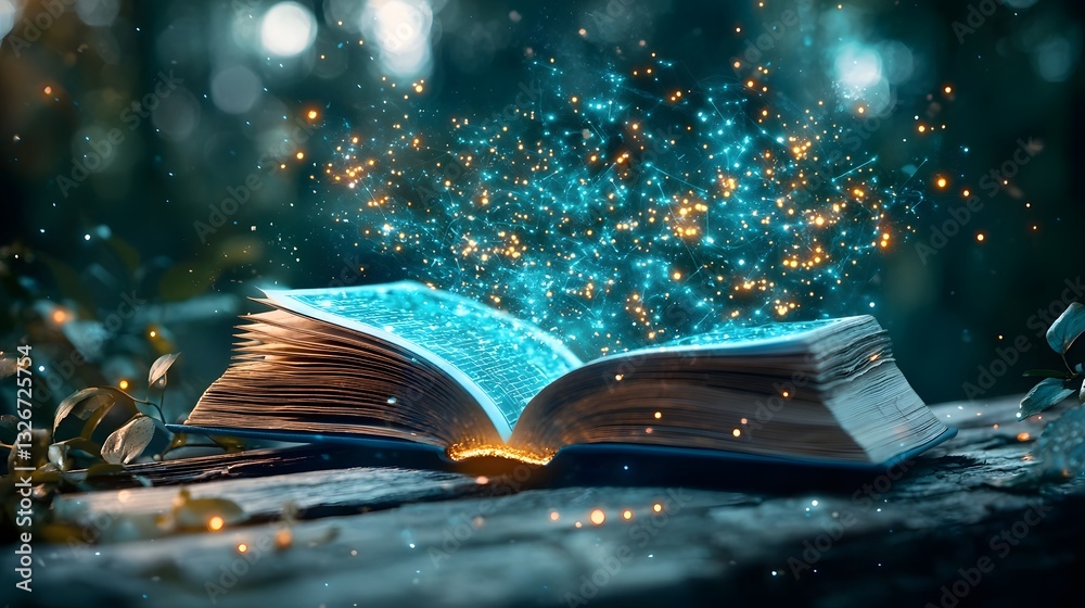 Poster captivating image showcasing an open book where a glowing digital matrix unfolds revealing a complex