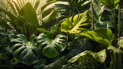 Obraz premium Lush Tropical Leaves with Golden Glow Background