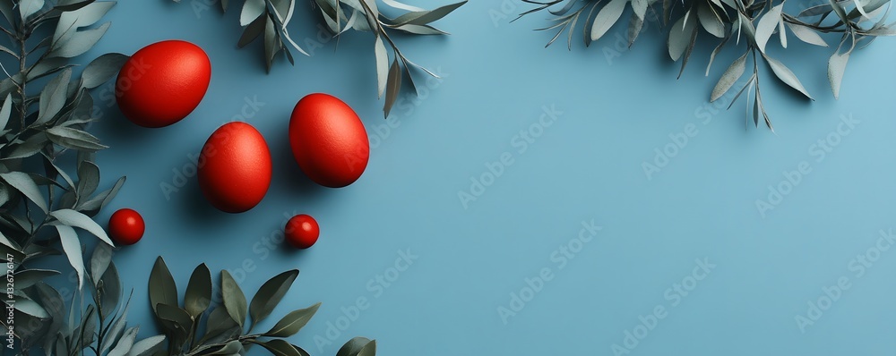 Poster red easter eggs and green leaves creating a frame on blue background