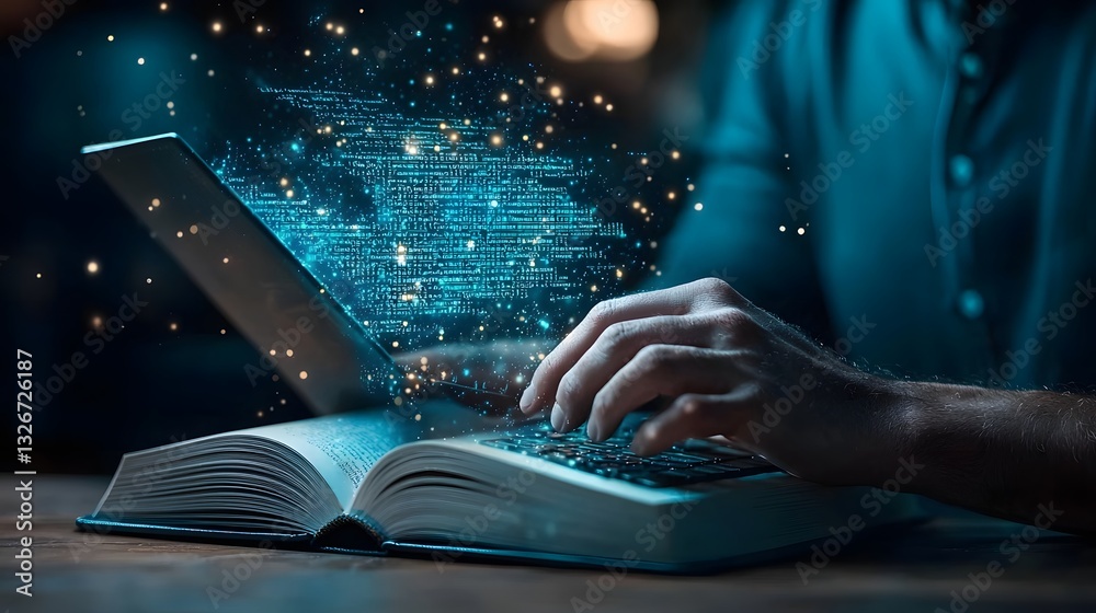 Poster futuristic scene of a programmer s workspace with an open book hands typing on a floating keyboard