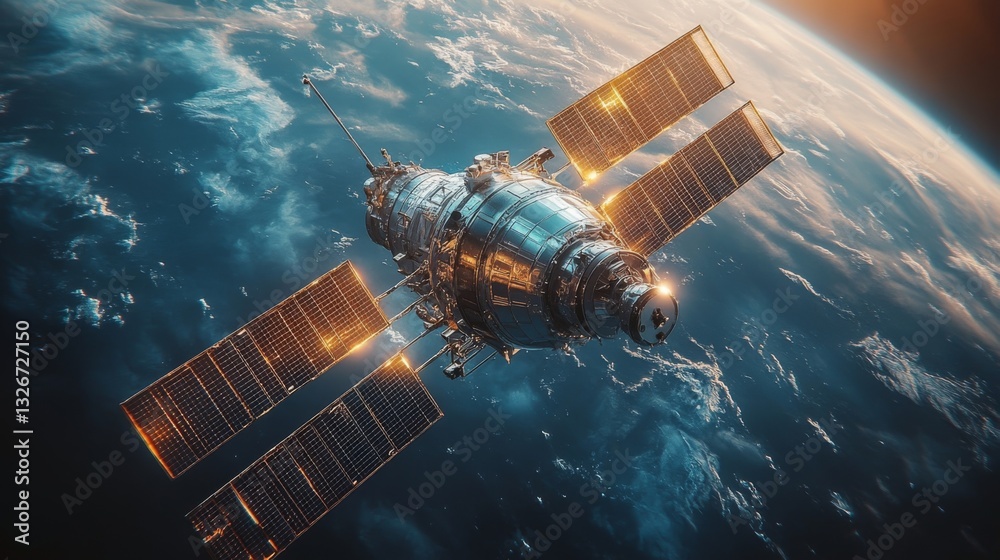 Poster this satellite orbits earth, equipped with solar panels and advanced technology. it plays a crucial 