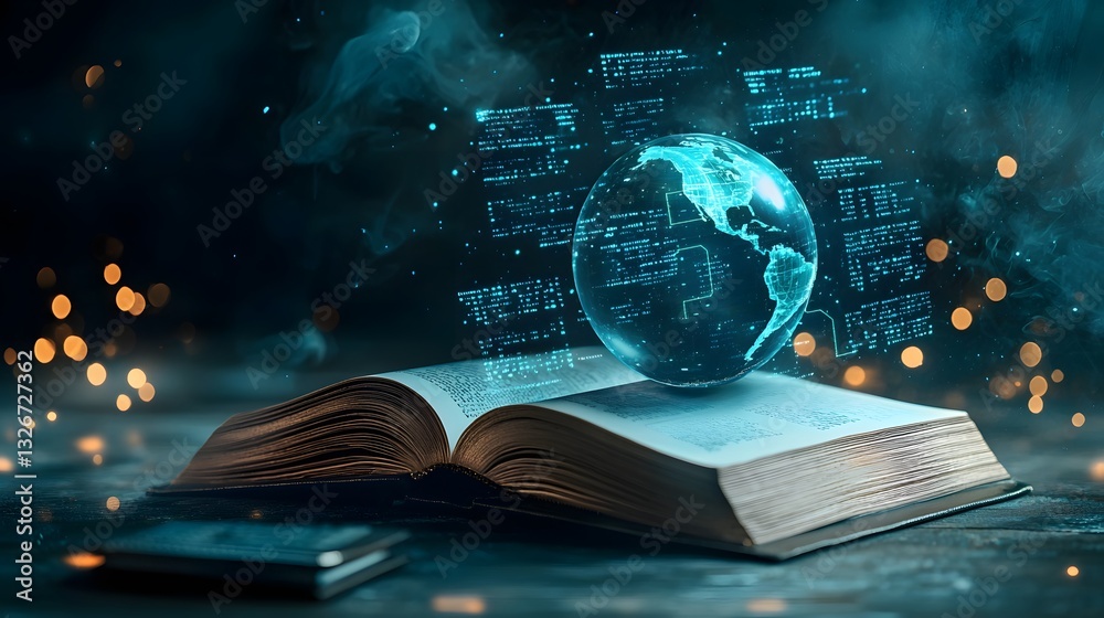 Poster holographic earth emerging from open book with programming scripts symbolizing global connectivity a