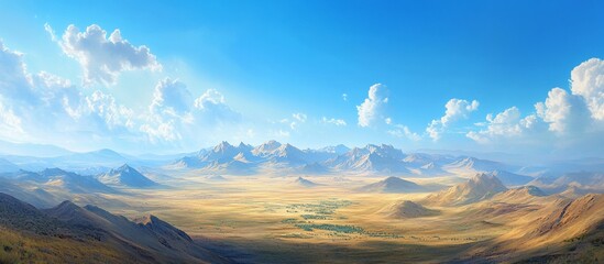 Panoramic view of a vast, sunlit desert valley surrounded by majestic mountains under a bright blue sky with fluffy white clouds.