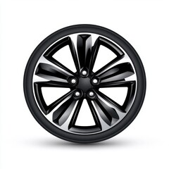 Obraz premium Close up view of a black and silver multi spoke alloy wheel rim with a black tire, isolated on white background. The wheel has a modern design with sharp lines and a glossy finish.