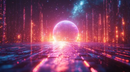 Futuristic Neon Digital Landscape Glowing Grid Spheres Cyberpunk Virtual Reality Podium Abstract Background