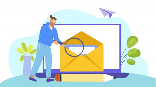 2D flat character animation scene illustrates the creation, distribution, and engagement of newsletters. It features characters drafting content, designing templates, and sending emails