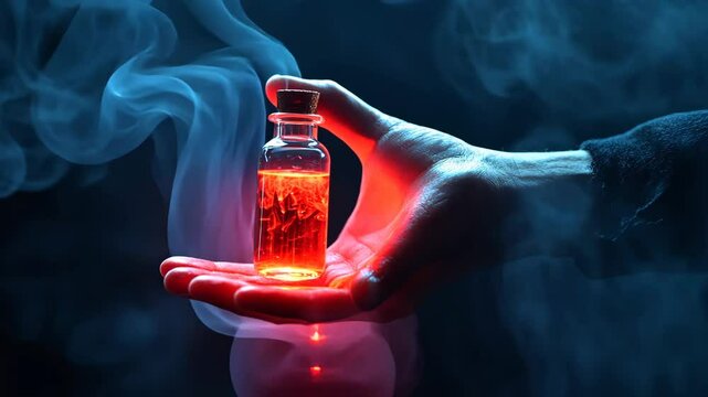 Mysterious glowing potion in hand with eerie smoke effects in dramatic lighting
