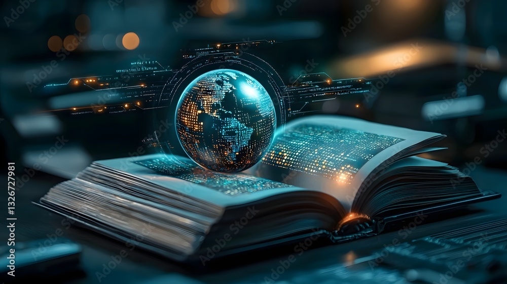 Poster an open book revealing a holographic representation of the earth with programming scripts overlaying