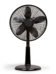 Obraz premium Black electric fan with five blades on a stand against a white background.