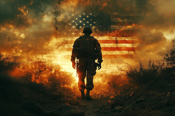 Double exposure image featuring an American soldier blended with the U.S. flag, symbolizing patriotism, service, and sacrifice. copy space