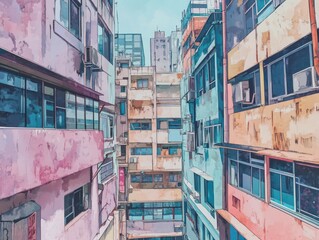 Obraz premium Colorful Urban Alleyway with Tall Buildings and Windows