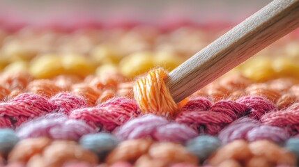 A close-up of a crochet hook working through colorful yarn stitches, showcasing intricate textures and vibrant hues in a crafting project.