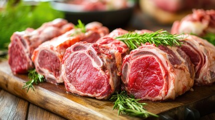 Fototapeta premium Butchery conveyor system transporting large beef and pork cuts in an industrial plant
