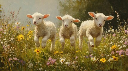 Obraz premium Three spirited lambs joyfully bounding through a vibrant wildflower meadow scene