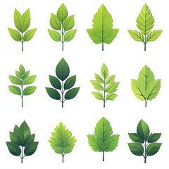 Green leaf vector icon set isolated on white background, simple flat design logo style. Collection of green tea leaves symbols for natural, organic products, and environmental protection concepts. Per