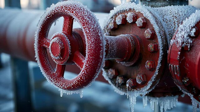 Frozen valve and icy pipeline in industrial setting during winter in sub-zero temperatures