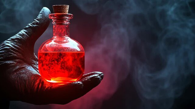 Eerie gloved hand holding a glowing red potion against smoky background