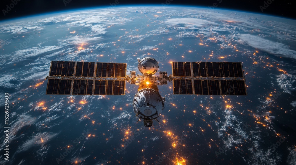 Leinwandbilder a satellite orbits earth, utilizing advanced technology to transmit telemetry and gnss signals for g