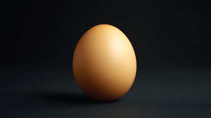 single brown egg stands upright on dark surface with smooth texture, illuminated by soft lighting that highlights its natural speckled shell. background is deep black, creating dramatic contrast