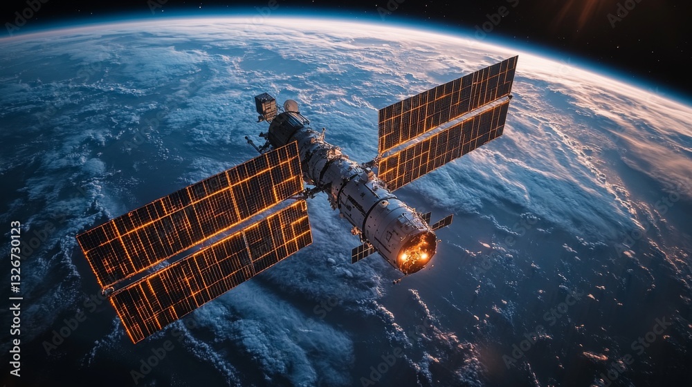 Poster a detailed view of a spacecraft orbiting earth, equipped with solar panels for energy. it engages in