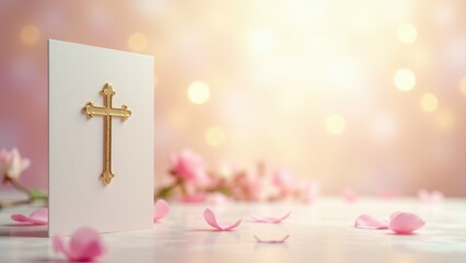 A first communion card with a golden cross on a white background, surrounded by pink flower petals and a soft bokeh effect.