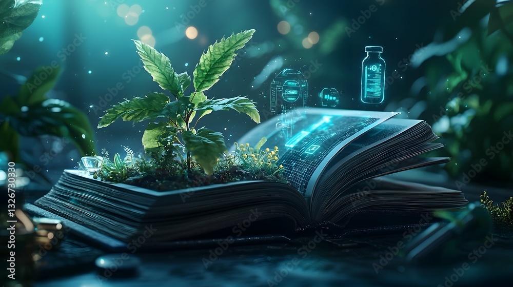 Poster futuristic high tech laboratory unfolding from the pages of an open book featuring floating touchscr